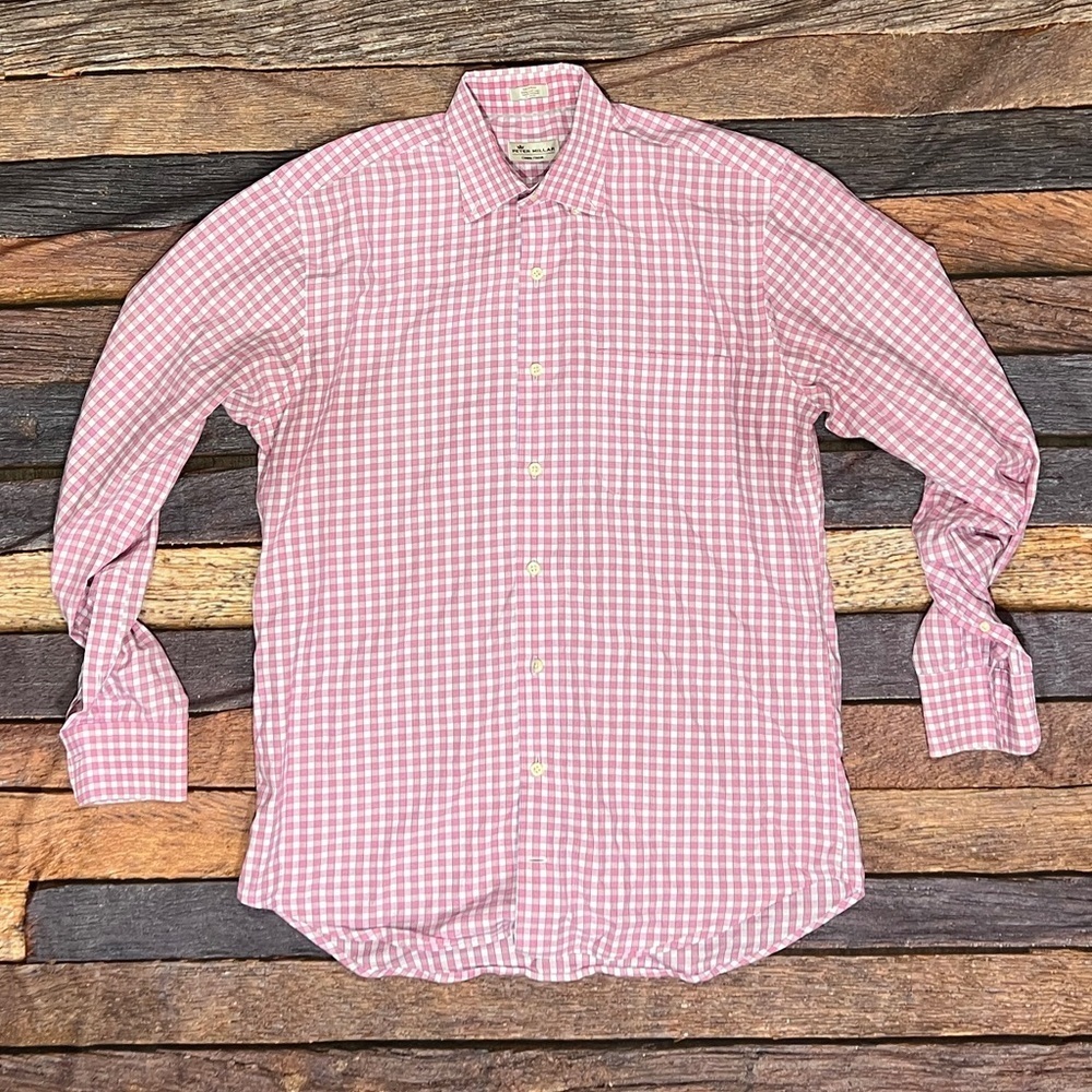 Peter Millar Pink Checkered Men's Shirt Long Sleeve Preppy Dress Button Down